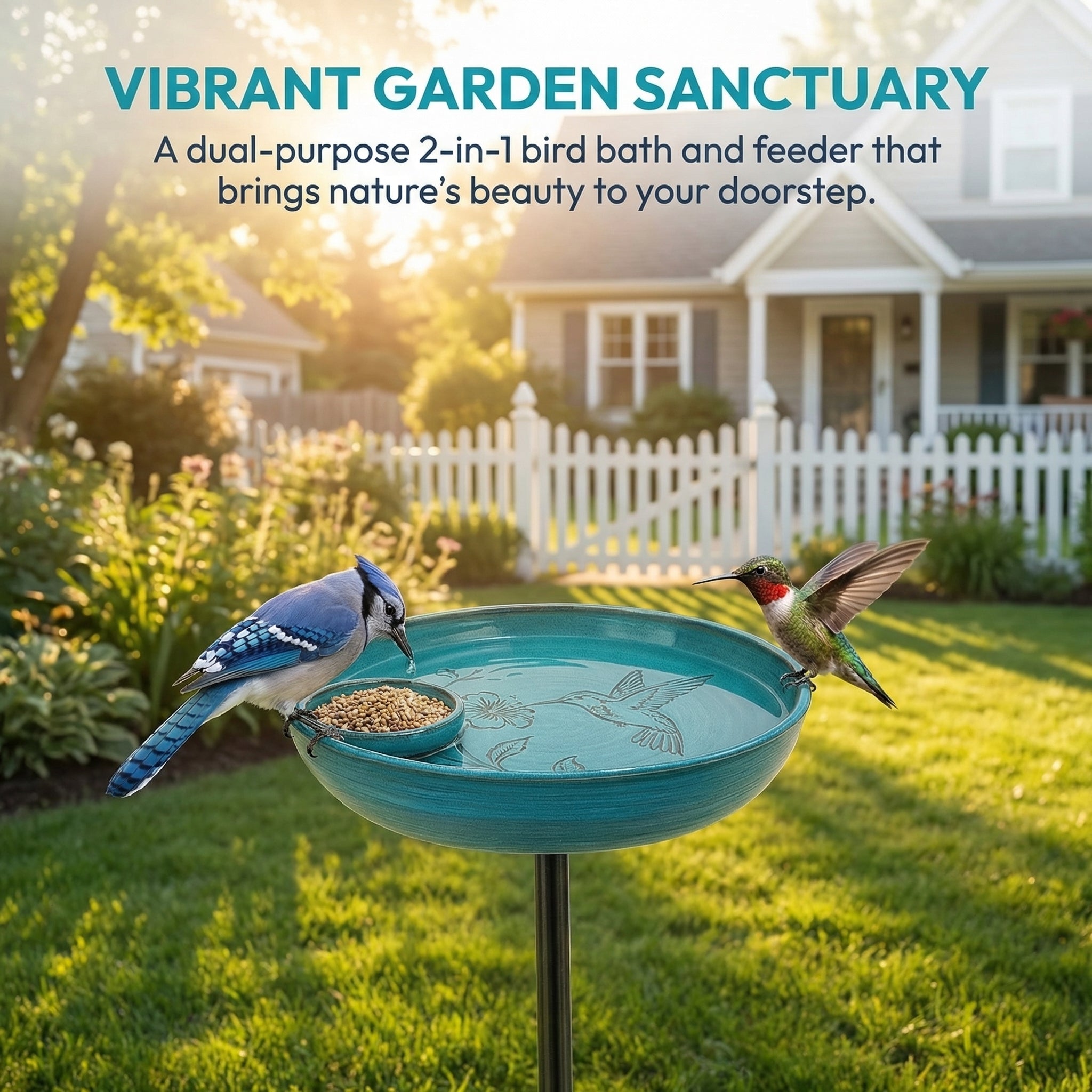 Outdoor Metal Bird Bath with Feeder – 37" Tall Garden Decor